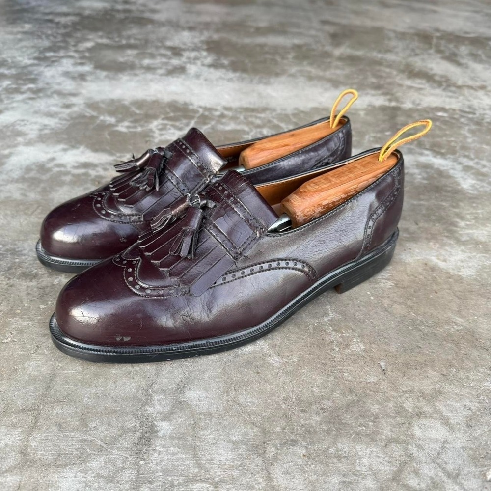 Vintage 90's Nunn Bush shiny leather wing tip tassel loafers shoes 9 1/2 W - Picture 5 of 7